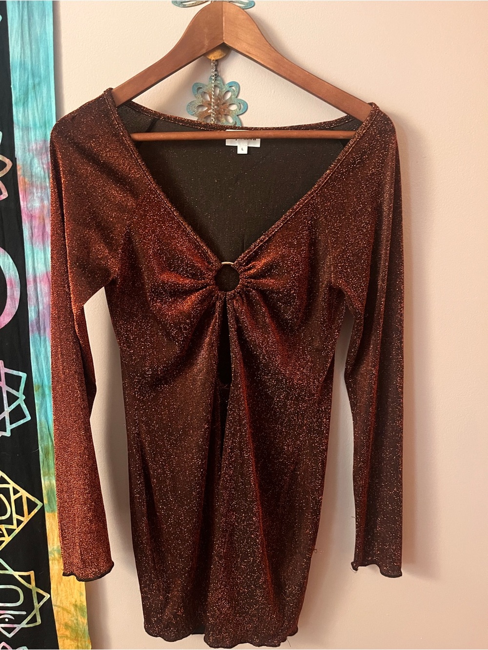 superdown Shimmery Copper-Brown Long Sleeve Ring-Front Top
